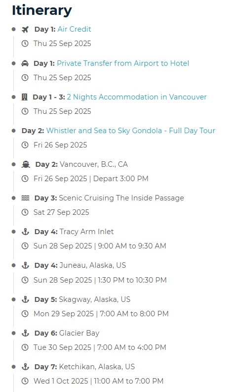 itinerary for Alaska Inside Passage